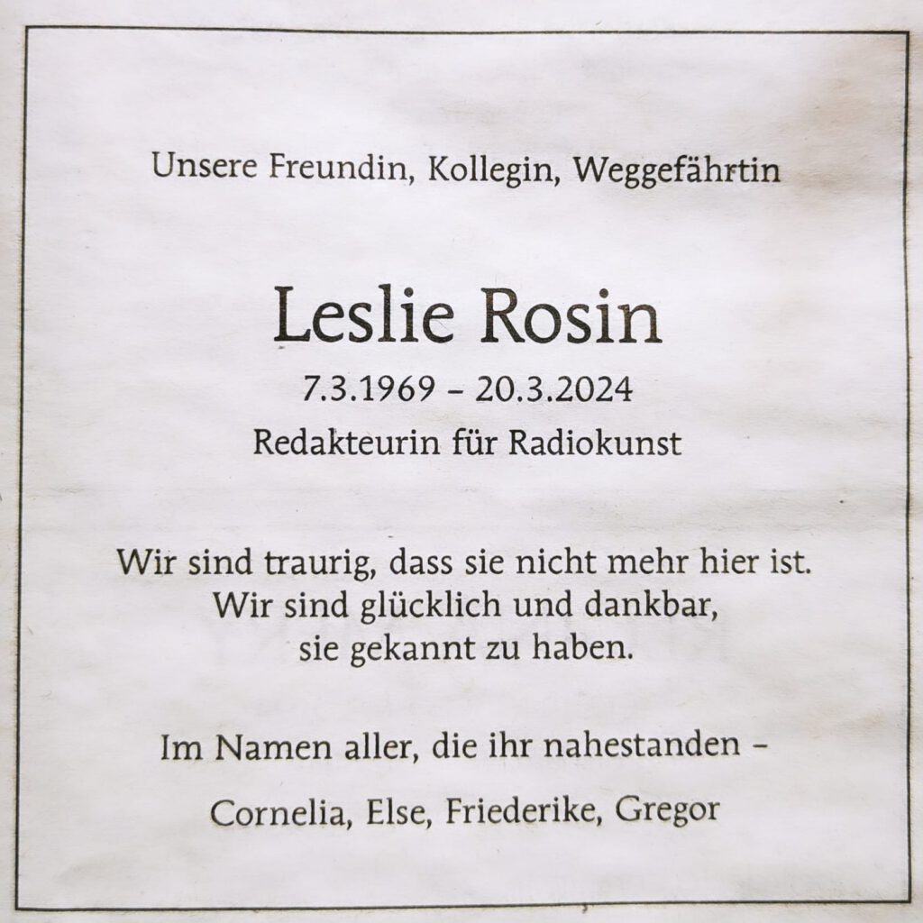 Traueranzeige im "Tagesspiegel" von uns engen Freundinnen und Freunden im April 2024